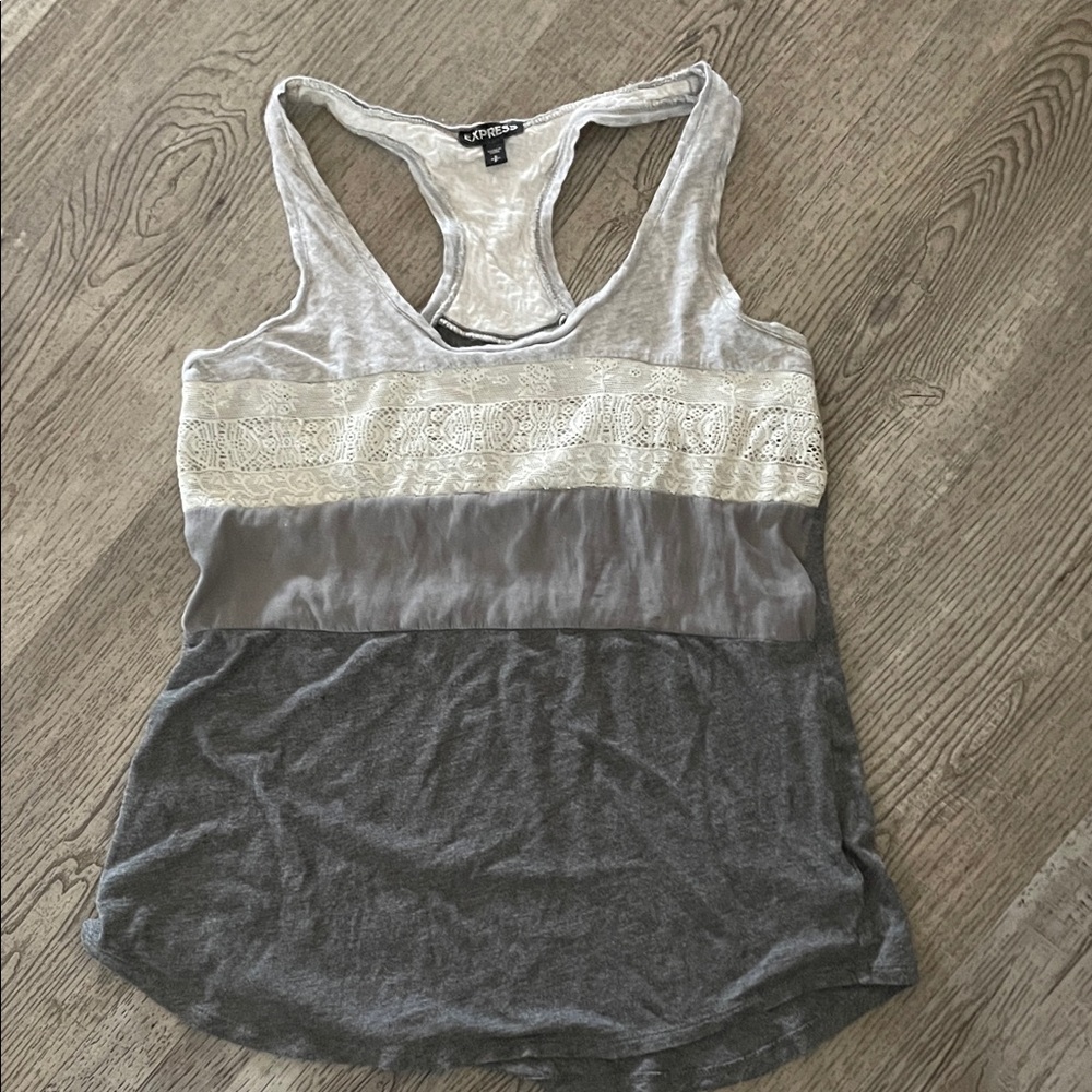 Express Lace Accent Gray and Cream Tank Top